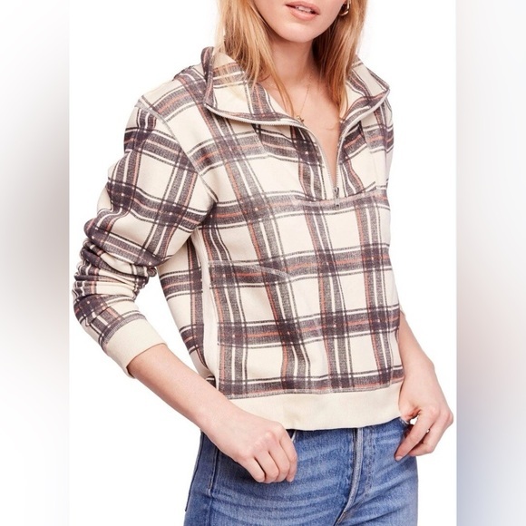Free People Sweaters - Free People Why Not Plaid Quarter Zip Sweater Pullover Sweatshirt Size XS